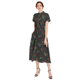 Rose Print Drawstring Waist A-line Flared Midi Dress - Objet D'Art