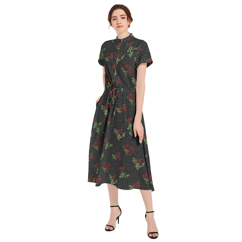 Rose Print Drawstring Waist A-line Flared Midi Dress - Objet D'Art