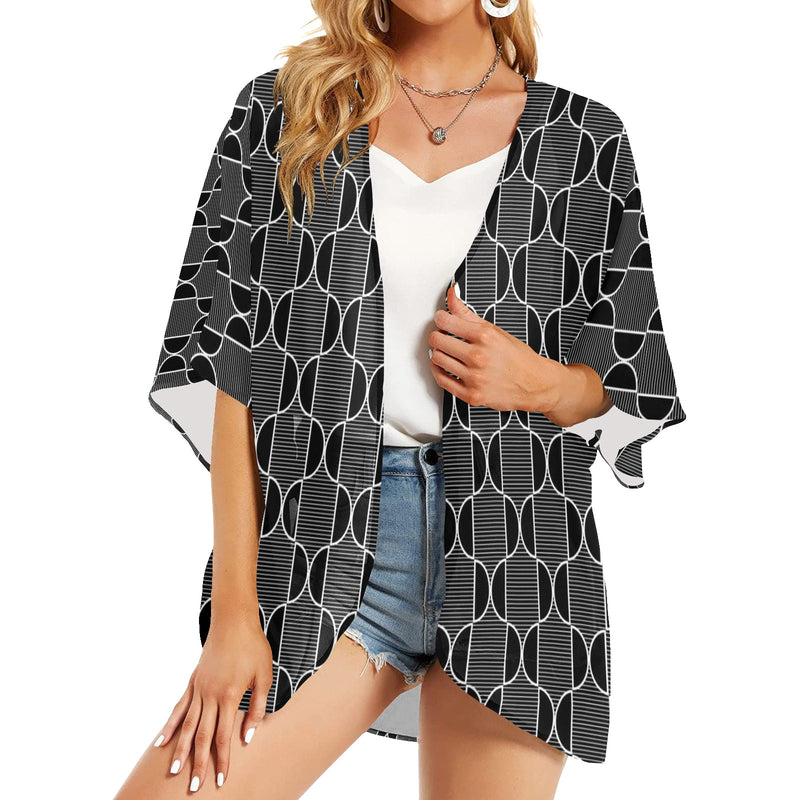 ogee outline print 2 Women's Kimono Chiffon Cover Up (Model H51) - Objet D'Art