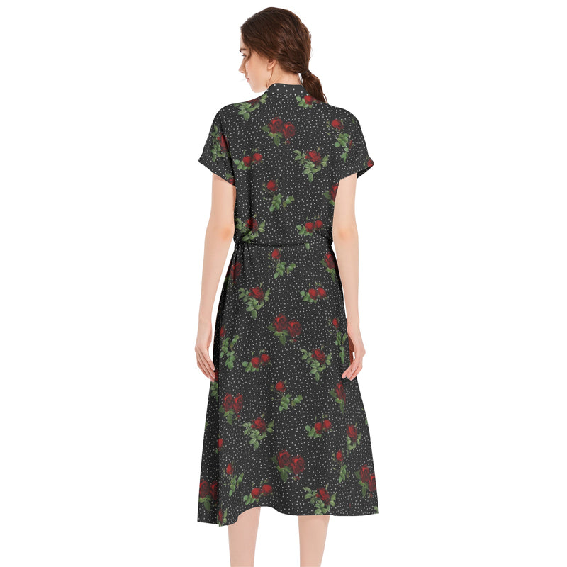 Rose Print Drawstring Waist A-line Flared Midi Dress - Objet D'Art