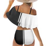 bw striped reverse print Women's Ruffle Off Shoulder Bikini Swimsuit (Model S45) - Objet D'Art