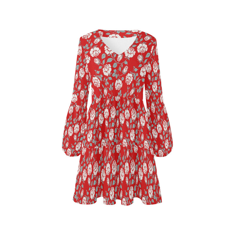 white rose red hex background print 2 V-Neck Loose Fit Dress (Model D62) - Objet D'Art