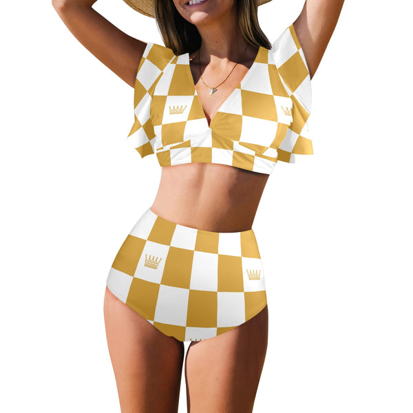 chess queen bronze print set print Women's Ruffle Sleeve Bikini Swimsuit (Model S42) - Objet D'Art