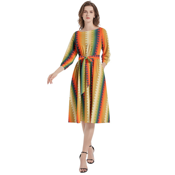 Boat Neck Belted Flared Dress - Objet D'Art