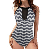 waves gray print 5 Women's High Neck Plunge Mesh Ruched Swimsuit (S43) - Objet D'Art