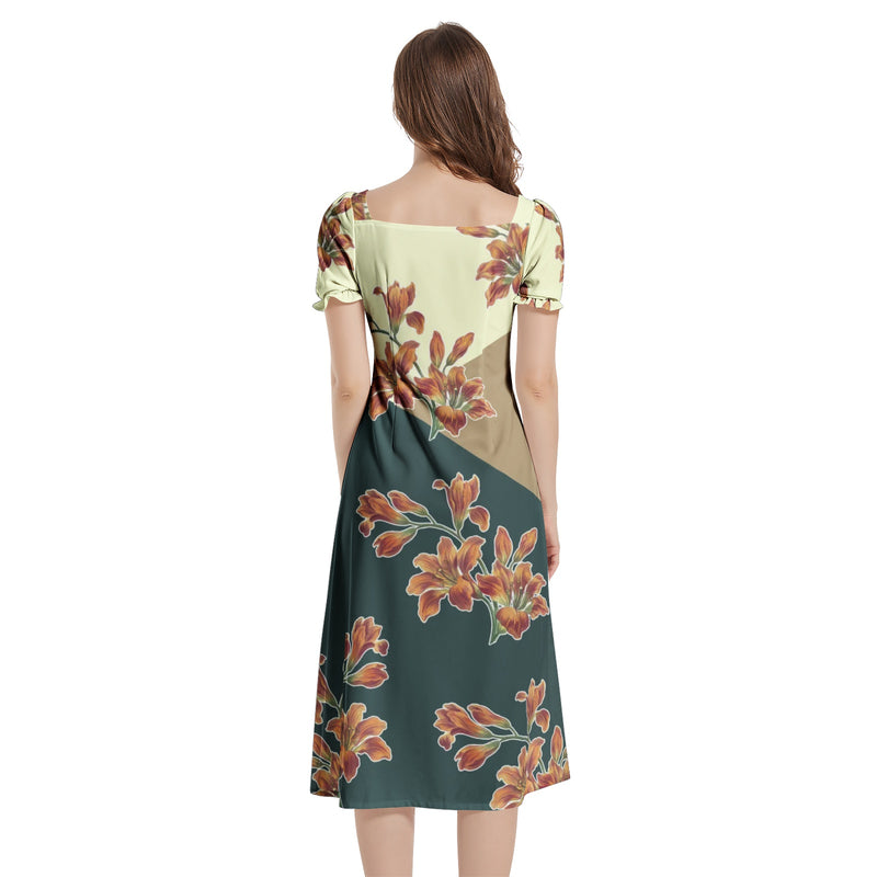 Tri-colored Tiger Lily Print Puff Sleeve Split Thigh Midi Dress - Objet D'Art