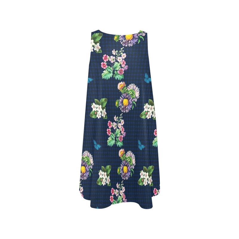 grid wildflower floral print Sleeveless A-Line Pocket Dress (Model D57) - Objet D'Art