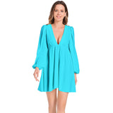 Electric Blue Lantern Sleeve Deep V-Neck Short Dress - Objet D'Art