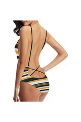 Gold & Blue Stripe Sexy Lacing Backless One-Piece Swimsuit - Objet D'Art