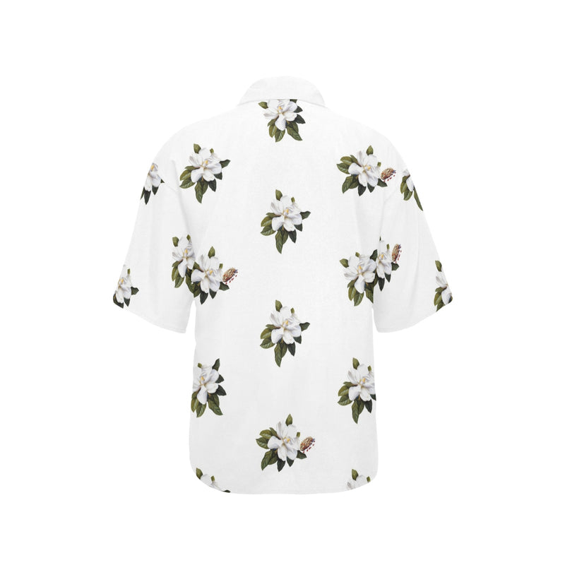 magnolia print on white All Over Print Hawaiian Shirt for Women (Model T58) - Objet D'Art
