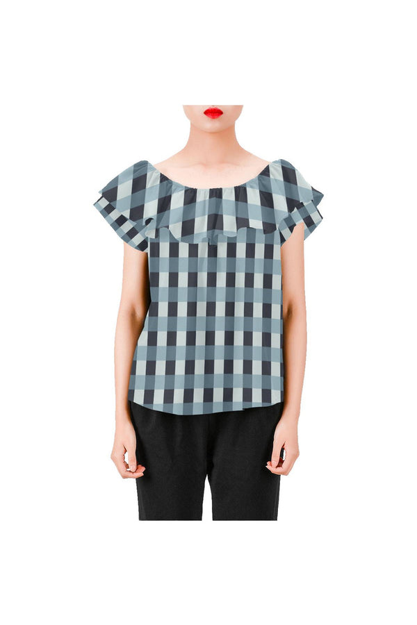 Tartan Turquoise Women's Off Shoulder Blouse with Ruffle - Objet D'Art