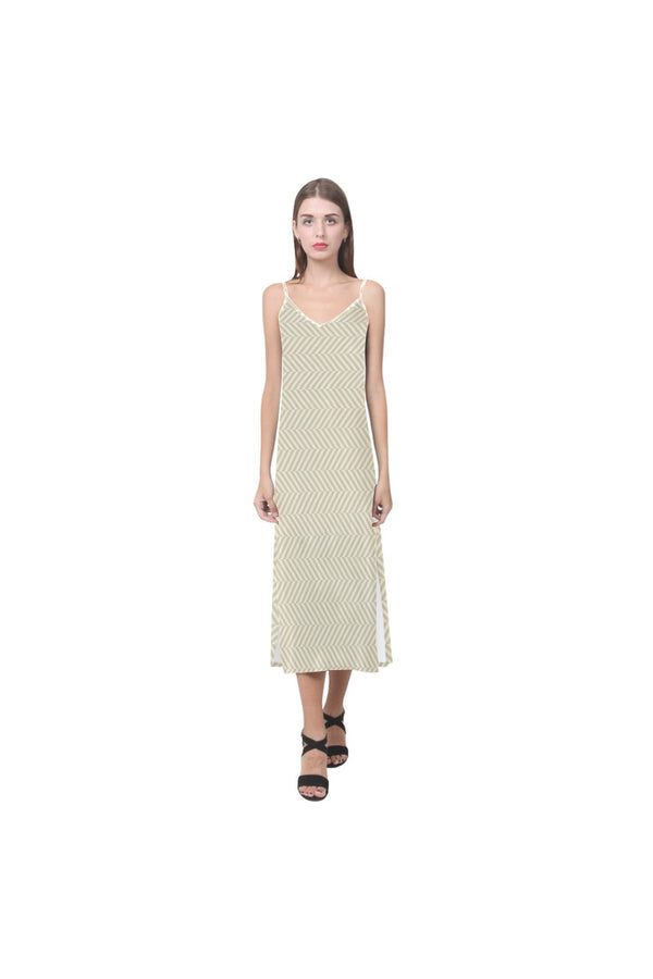Soybean & Sweet Corn Herringbone V-Neck Open Fork Long Dress(Model D18) - Objet D'Art
