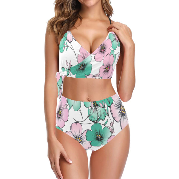 pink green floral mj shoes Knot Side Bikini Swimsuit (Model S37) - Objet D'Art