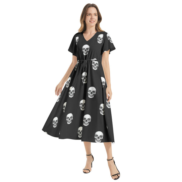 Skull Print Flutter Sleeve Drawstring Waist Flared Dress - Objet D'Art