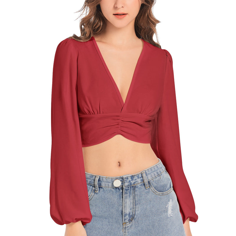 Rose Red Women's Deep V-Neck Lantern Sleeve Crop Top - Objet D'Art