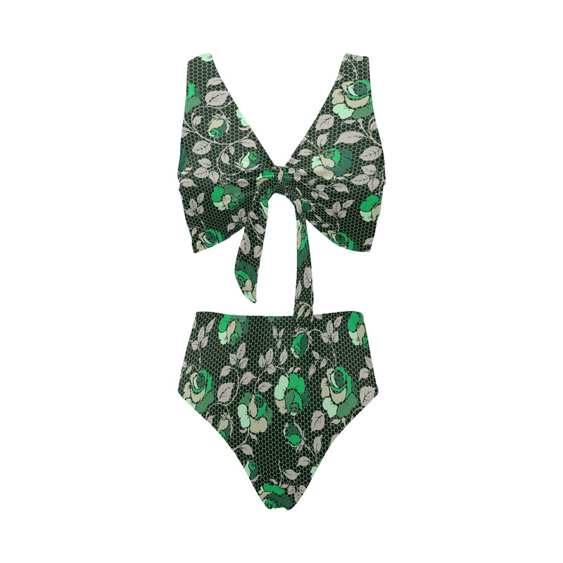 green rose print 2 Chest Bowknot Bikini Swimsuit (Model S33) - Objet D'Art