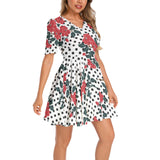 Rose and Polka dots Short Sleeve Ruched Bust Flared Hem Dress - Objet D'Art