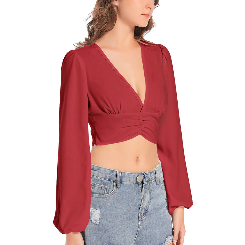 Rose Red Women's Deep V-Neck Lantern Sleeve Crop Top - Objet D'Art