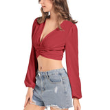 Rose Red Women's Deep V-Neck Lantern Sleeve Crop Top - Objet D'Art