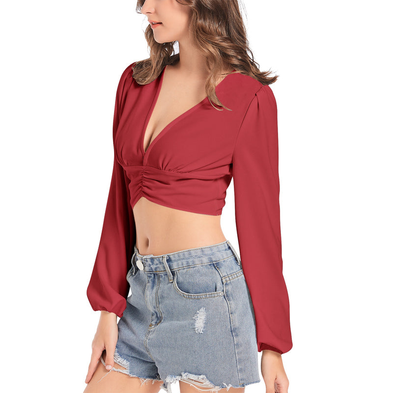 Rose Red Women's Deep V-Neck Lantern Sleeve Crop Top - Objet D'Art