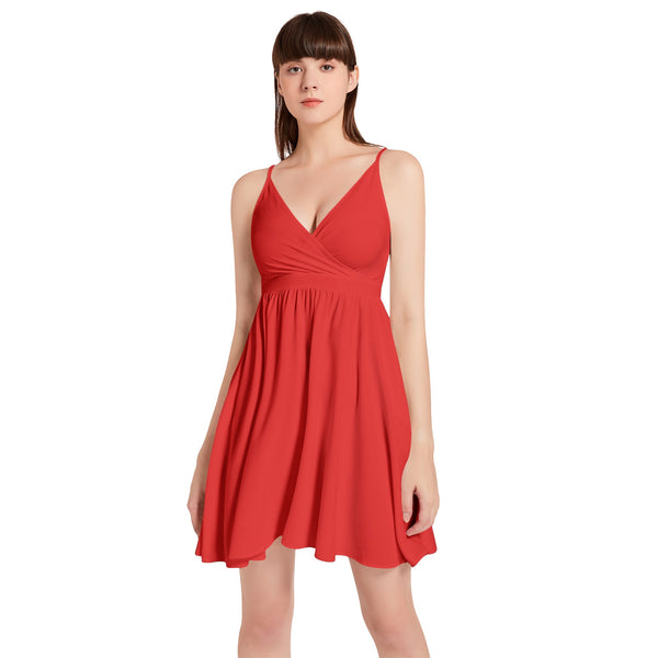 Red Spaghetti Strap Sleeveless Falred Hem Short Dress - Objet D'Art