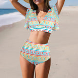 greek key print 2 A C Women's Ruffle Sleeve Bikini Swimsuit (Model S42) - Objet D'Art