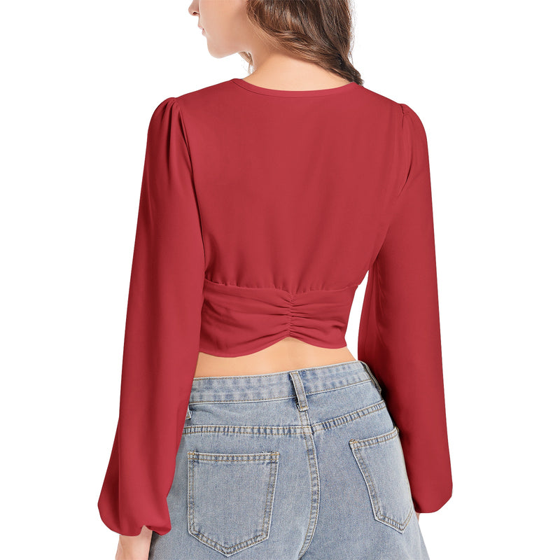 Rose Red Women's Deep V-Neck Lantern Sleeve Crop Top - Objet D'Art