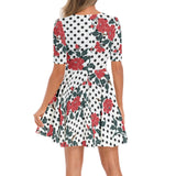 Rose and Polka dots Short Sleeve Ruched Bust Flared Hem Dress - Objet D'Art