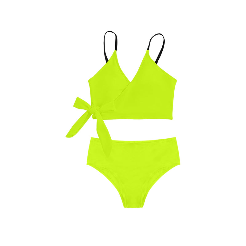 bright neon green print Knot Side Bikini Swimsuit (Model S37) - Objet D'Art