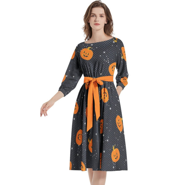 Halloween Print Boat Neck Belted Flared Dress - Objet D'Art