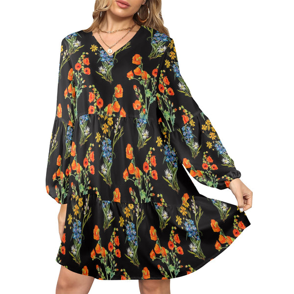 floral plant print V-Neck Loose Fit Dress (Model D66) - Objet D'Art
