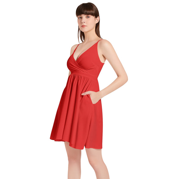 Red Spaghetti Strap Sleeveless Falred Hem Short Dress - Objet D'Art