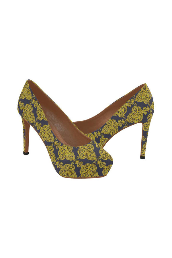 blue gold lace Women's High Heels (Model 044) - Objet D'Art