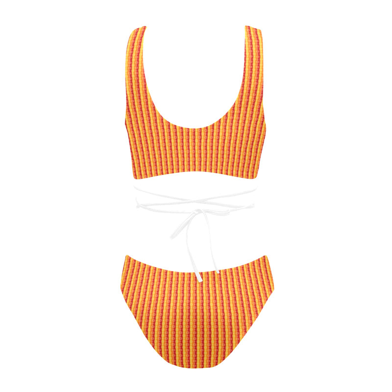 mandala striped red yellow orange Cross String Bikini Set (Model S29) - Objet D'Art