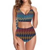 waves colored print 5 Knot Side Bikini Swimsuit (Model S37) - Objet D'Art