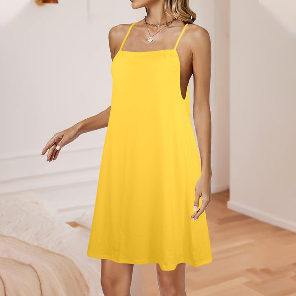 barbados gold print Drawstring Neck Sleeveless Dress (Model D68) - Objet D'Art