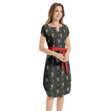 Skulls and Roses Notched Neck Belted Dress - Objet D'Art