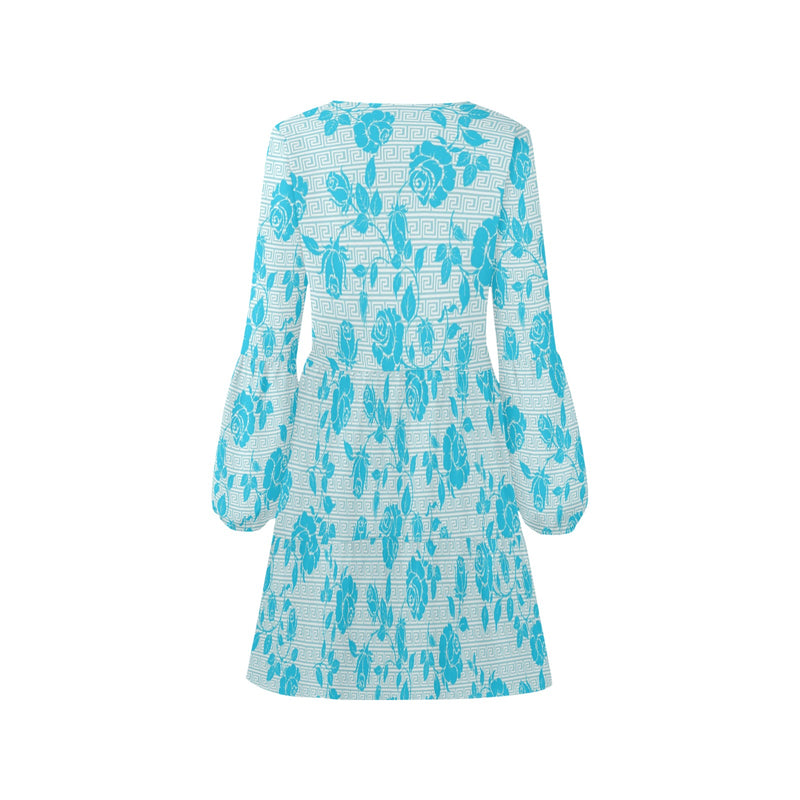 light blue greek key and medium blue roses print 2 V-Neck Loose Fit Dress (Model D62) - Objet D'Art