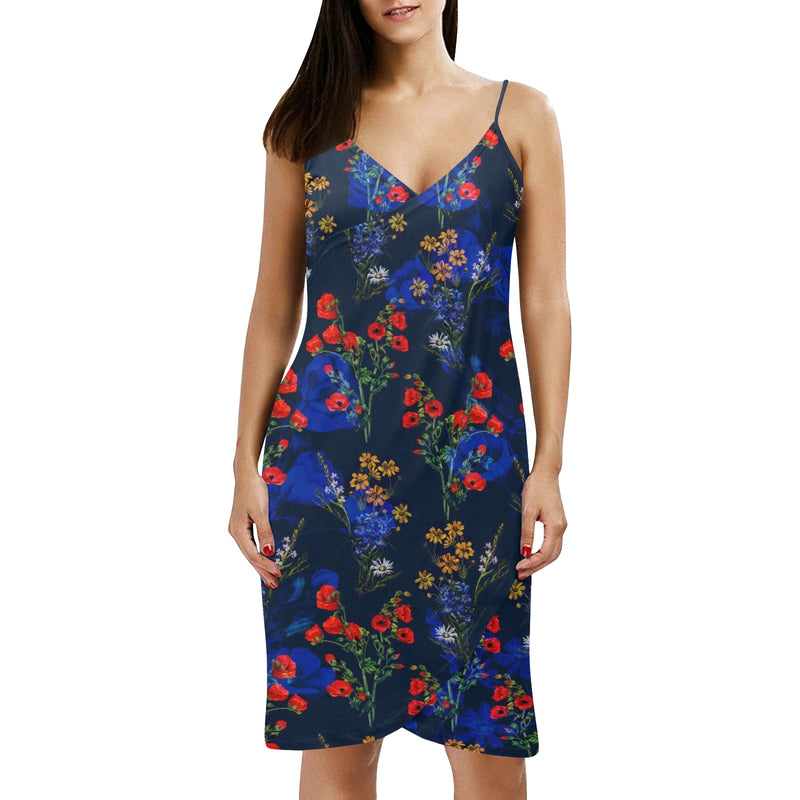red gold blue floral print 2 Spaghetti Strap Backless Beach Cover Up Dress (Model D65) - Objet D'Art