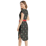 Skulls and Roses Notched Neck Belted Dress - Objet D'Art