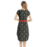 Skulls and Roses Notched Neck Belted Dress - Objet D'Art