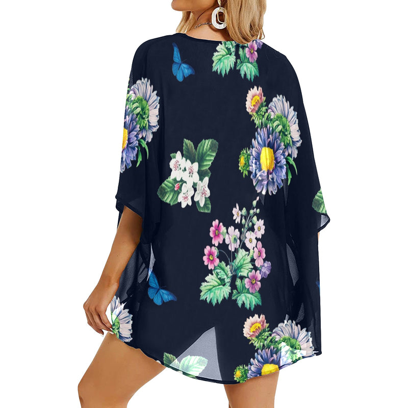 floral print butterfly 4 Women's Kimono Chiffon Cover Up (Model H51) - Objet D'Art