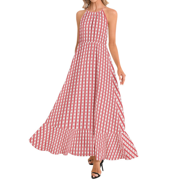 Gingham Striped Ruffle Hem Halter Neck Maxi Dress - Objet D'Art