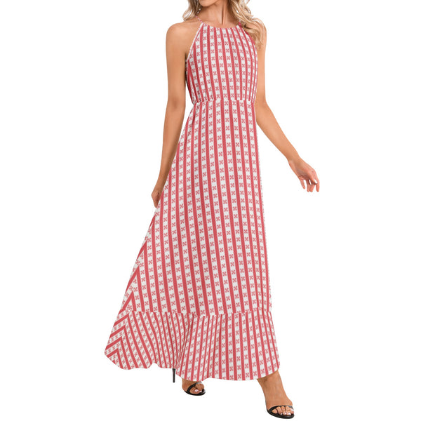 Gingham Striped Ruffle Hem Halter Neck Maxi Dress - Objet D'Art
