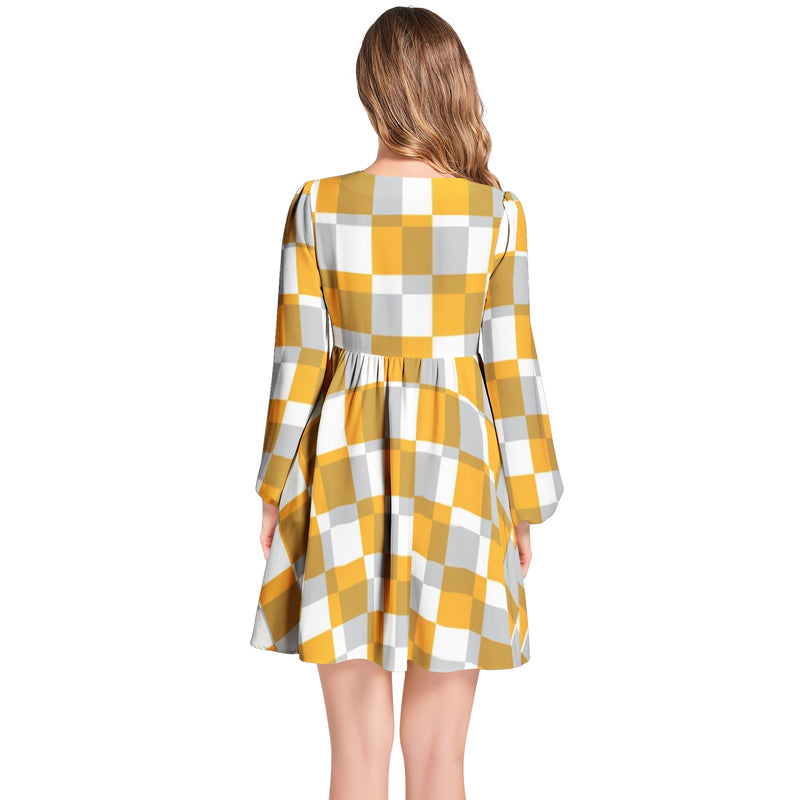 Checkered Lantern Sleeve Deep V-Neck Short Dress - Objet D'Art