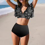 black solid print skirt Women's Ruffle Sleeve Bikini Swimsuit (Model S42) - Objet D'Art