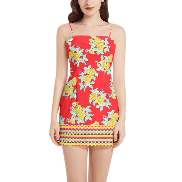 Royal Floral Sleeveless Square Neckline Spaghetti Strap Mini Dress - Objet D'Art