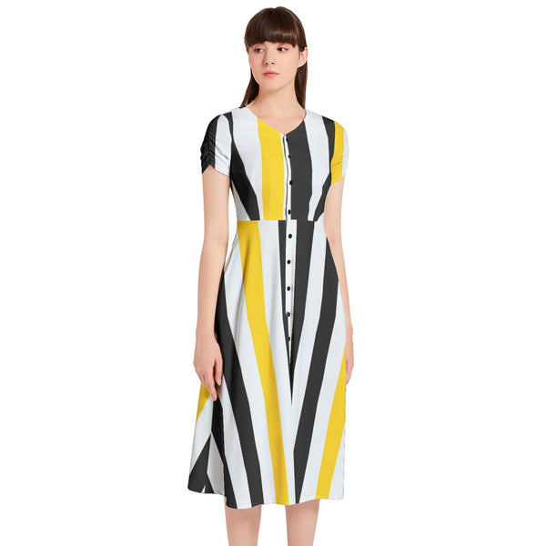 Swallowtail Stripes Puff Sleeve Button Through Dress - Objet D'Art