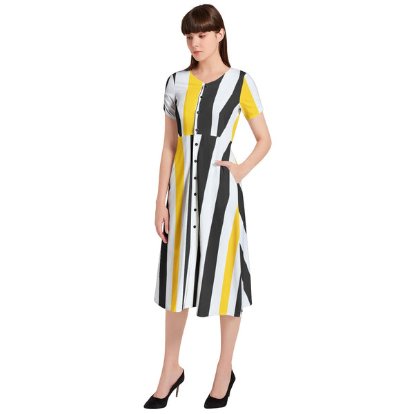 Swallowtail Stripes Puff Sleeve Button Through Dress - Objet D'Art