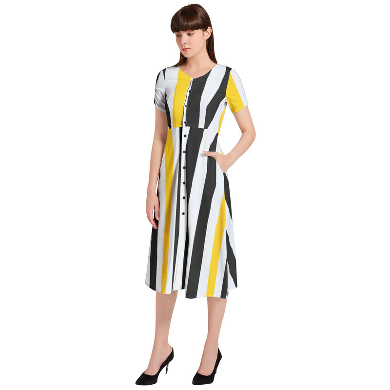 Swallowtail Stripes Puff Sleeve Button Through Dress - Objet D'Art